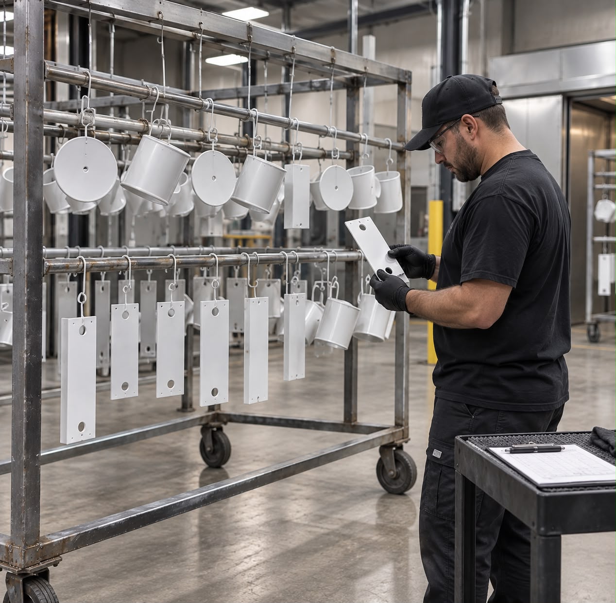 Anocote technician inspecting racked parts during quality control