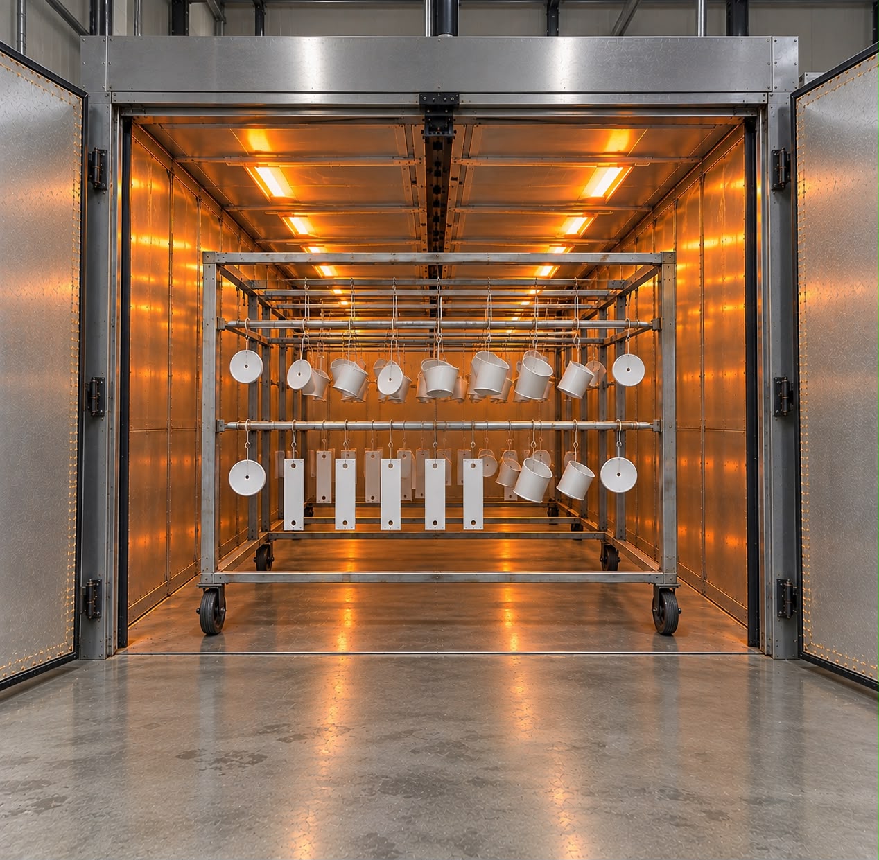 Racked parts curing inside Anocote's 20 ft industrial powder coating oven