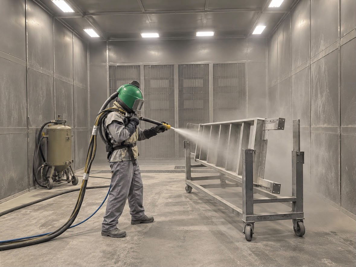 Metal part being sandblasted to bare metal before powder coating in San Diego