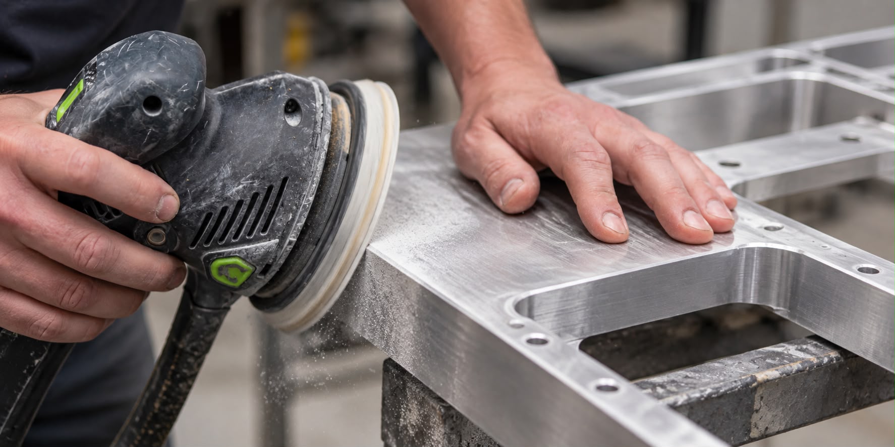 Technician sanding a metal part to prepare the surface for powder coating