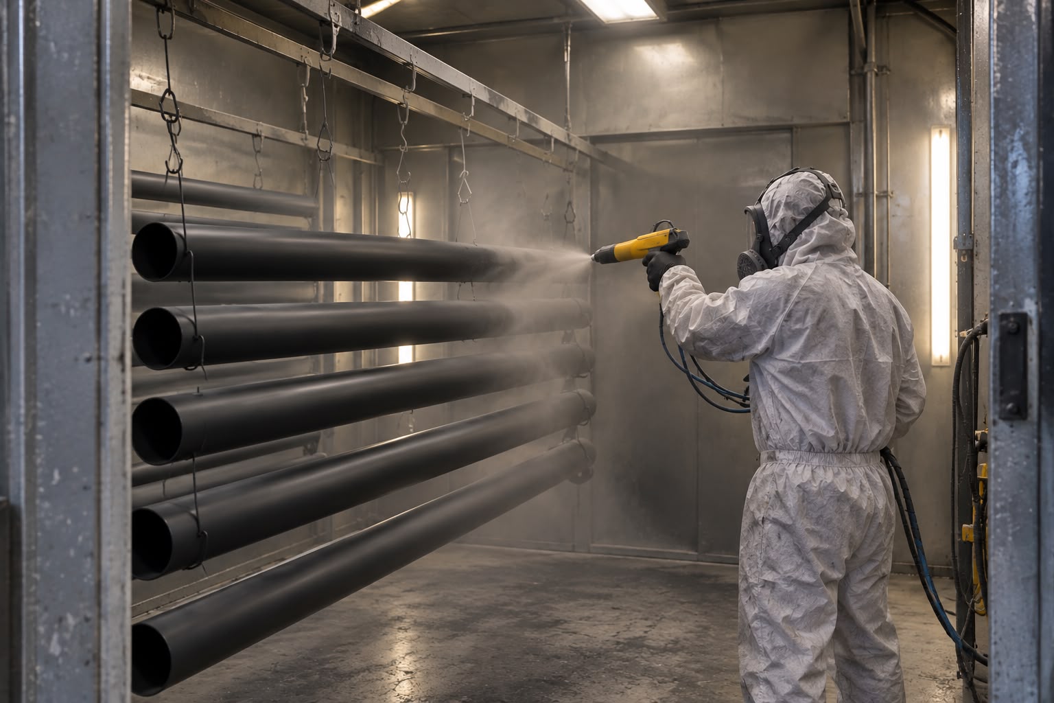 Powder coating being applied to metal parts in the spray booth